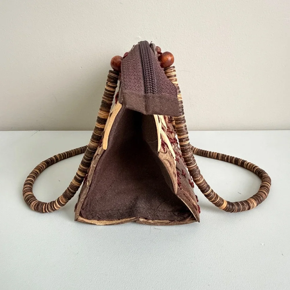 VR Collections Handmade Coconut Shell Bag Boho Checkered Beaded Handle Brown Tan